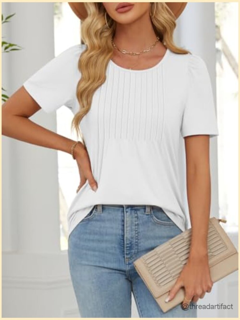 Pleated Short Sleeve Blouse - Dressy Casual Summer Top - Picture 2 of 7